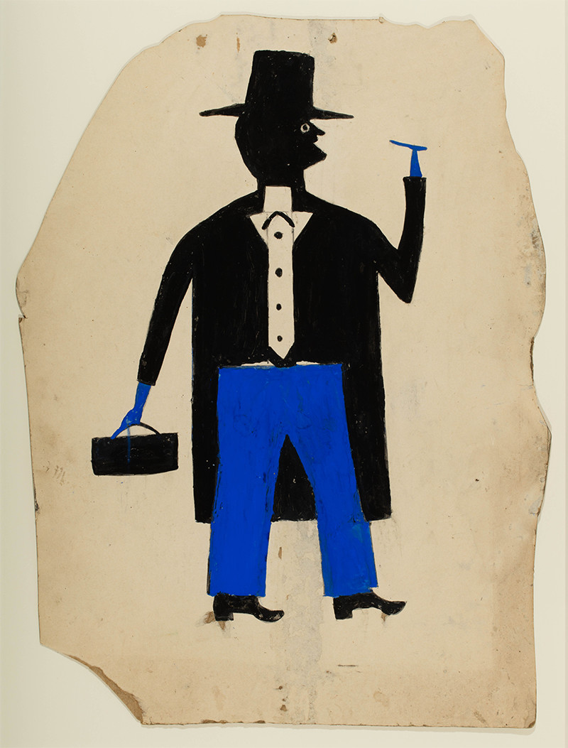 <em>Homme en noir et bleu avec cigare et valise</em>, par Bill Traylor, vers 1939–1942, crayon et peinture d’affiche sur carton. Collection de Jerry et Susan Lauren. Photo : Matt Flynn © Smithsonian Institution