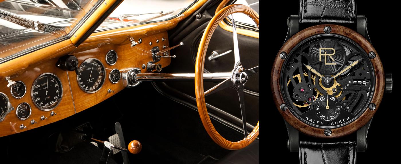                             La lunette en loupe de bois de la montre Automotive Squelette est inspir&#xE9;e du volant de la 57SC