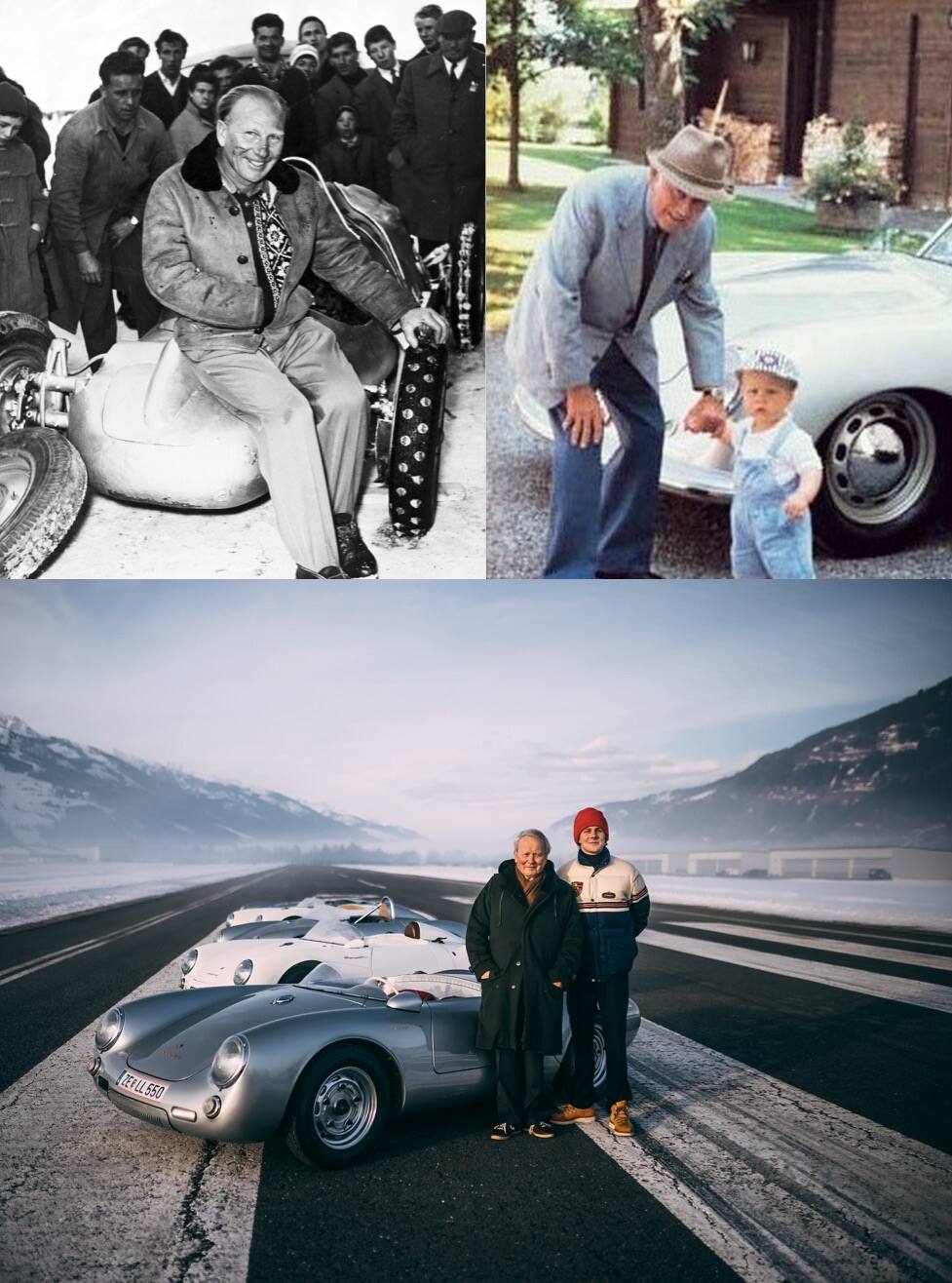 <span>(Oben links) Zu Ehren von Ferdis Urgroßvater, Professor Ferdinand Porsche, fanden in Zell am See die ersten Eisrennen statt. Hier ist Otto Mathé, Porsche-Rennfahrer und fünfmaliger Sieger des Ice Race, mit seinem selbstgebauten Auto, dem „Fetzenflieger“, zu sehen, der nach den flammenden Fetzen benannt ist, die beim Rennen hinter ihm herausflogen</span><br/><br/><span>(Oben rechts) Der dreijährige Ferdi und sein Großvater Ferry Porsche stehen vor dem ersten Auto, das sein Großvater unter seinem eigenen Namen produzierte </span><br/><span class="caption-sub"><em>Bildnachweis: Susanne Porsche</em></span><br/><br/> <span>(Unten) Ferdi (rechts) mit seinem Vater Dr. Wolfgang Porsche (links) beim Ice Race 2021, hinter ihnen eine Reihe klassischer Porsche 550 Spyders </span><br/><span class="caption-sub"><em>Bildnachweis: Stephan Bauer </em> </span><br/>