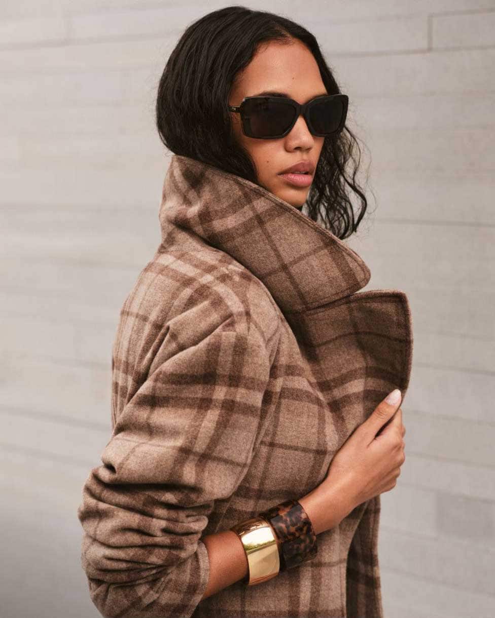 Plaid Wool-Blend Twill Wrap Coat