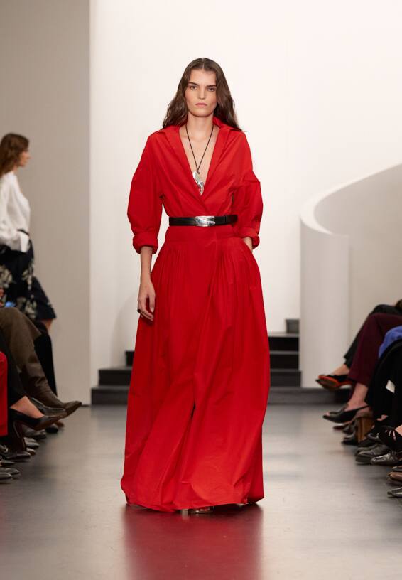 A look from Ralph Lauren’s Fall 2025 runway show shown on model.